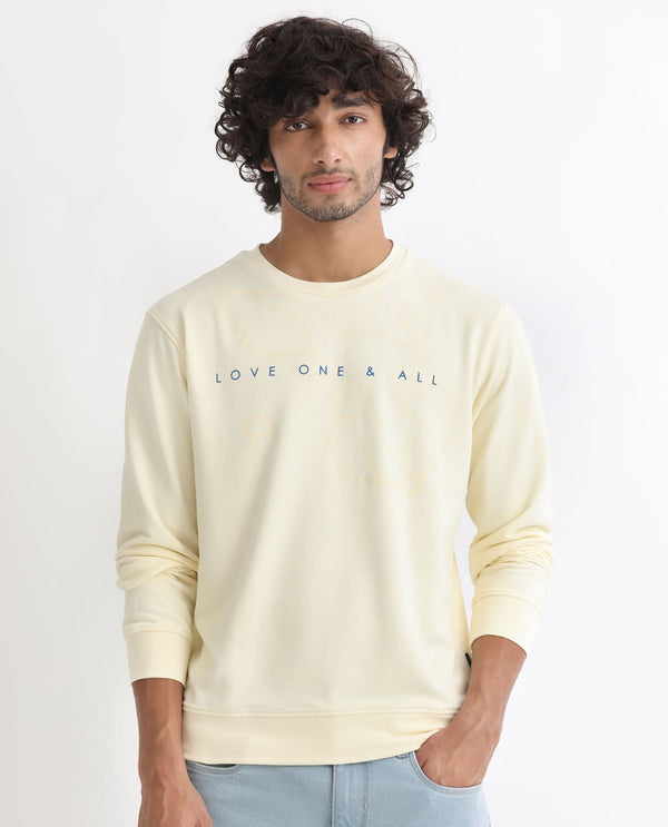 Rare Rabbit Men's Bermann Yellow Cotton Polyester Fabric Full Sleeves Graphic Printed Logo Sweatshirt