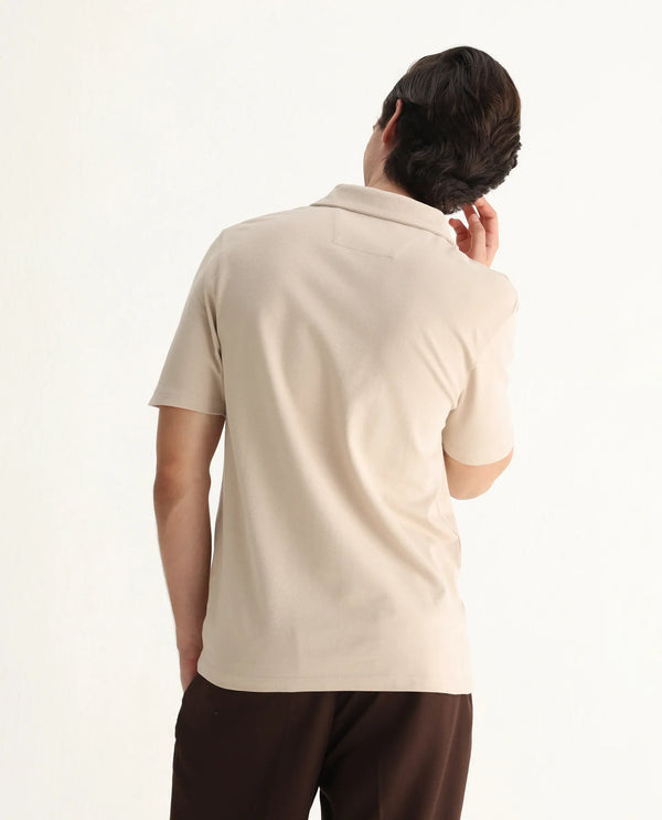 Rare Rabbit Men Berner Beige Cotton Lycra Fabric Short Sleeve Collared Neck Button Closure Graphic Print Polo