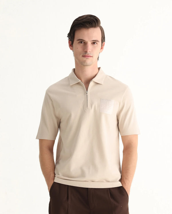 Rare Rabbit Men Berner Beige Cotton Lycra Fabric Short Sleeve Collared Neck Button Closure Graphic Print Polo