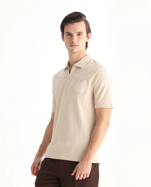Rare Rabbit Men Berner Beige Cotton Lycra Fabric Short Sleeve Collared Neck Button Closure Graphic Print Polo