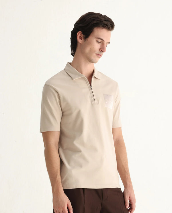 Rare Rabbit Men Berner Beige Cotton Lycra Fabric Short Sleeve Collared Neck Button Closure Graphic Print Polo