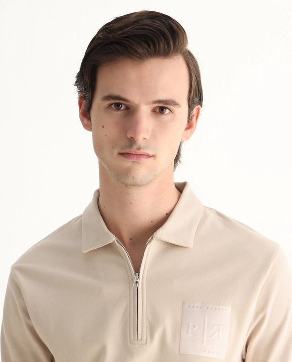 Rare Rabbit Men Berner Beige Cotton Lycra Fabric Short Sleeve Collared Neck Button Closure Graphic Print Polo