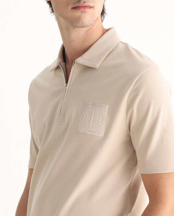 Rare Rabbit Men Berner Beige Cotton Lycra Fabric Short Sleeve Collared Neck Button Closure Graphic Print Polo