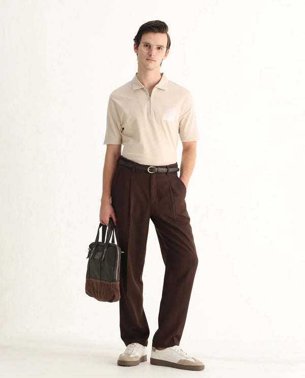 Rare Rabbit Men Berner Beige Cotton Lycra Fabric Short Sleeve Collared Neck Button Closure Graphic Print Polo