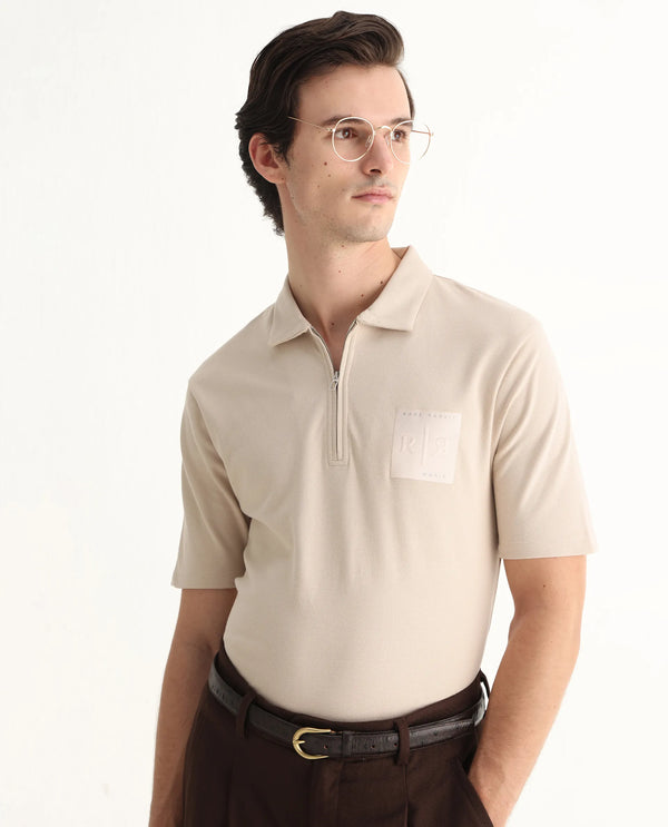 Rare Rabbit Men Berner Beige Cotton Lycra Fabric Short Sleeve Collared Neck Button Closure Graphic Print Polo