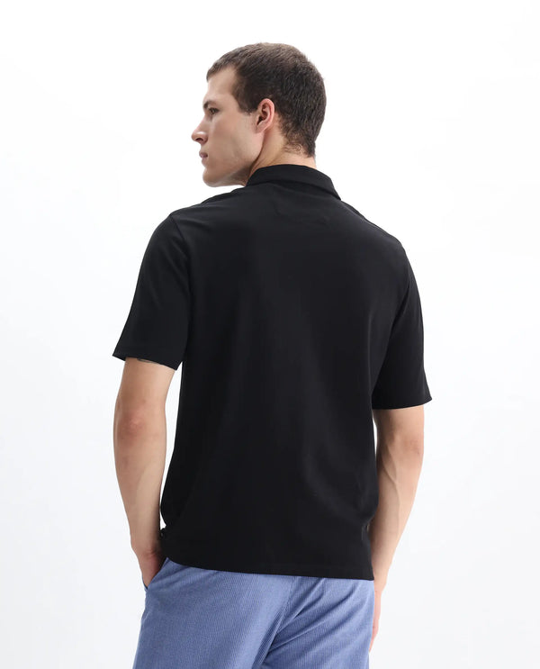 Rare Rabbit Men Berner Black Cotton Lycra Fabric Short Sleeve Collared Neck Button Closure Graphic Print Polo