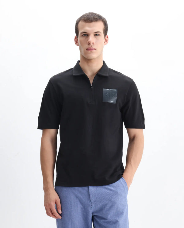 Rare Rabbit Men Berner Black Cotton Lycra Fabric Short Sleeve Collared Neck Button Closure Graphic Print Polo