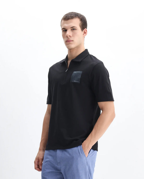 Rare Rabbit Men Berner Black Cotton Lycra Fabric Short Sleeve Collared Neck Button Closure Graphic Print Polo