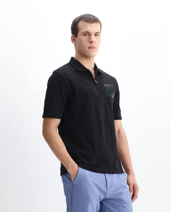 Rare Rabbit Men Berner Black Cotton Lycra Fabric Short Sleeve Collared Neck Button Closure Graphic Print Polo