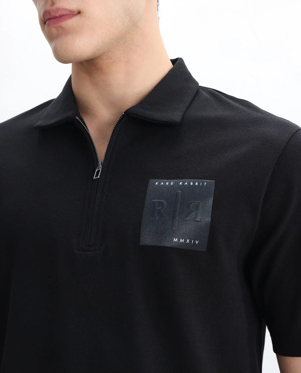 Rare Rabbit Men Berner Black Cotton Lycra Fabric Short Sleeve Collared Neck Button Closure Graphic Print Polo