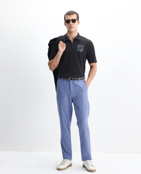 Rare Rabbit Men Berner Black Cotton Lycra Fabric Short Sleeve Collared Neck Button Closure Graphic Print Polo