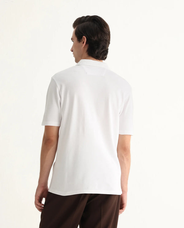 Rare Rabbit Men Berner White Cotton Lycra Fabric Short Sleeve Collared Neck Zipper Closure Graphic Print Polo
