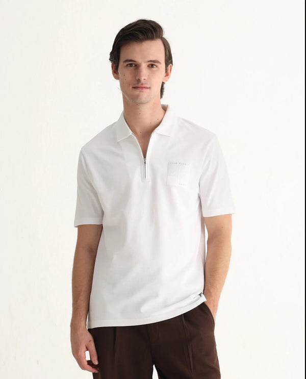 Rare Rabbit Men Berner White Cotton Lycra Fabric Short Sleeve Collared Neck Zipper Closure Graphic Print Polo