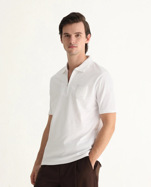 Rare Rabbit Men Berner White Cotton Lycra Fabric Short Sleeve Collared Neck Zipper Closure Graphic Print Polo