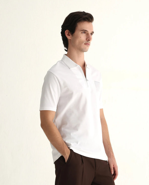 Rare Rabbit Men Berner White Cotton Lycra Fabric Short Sleeve Collared Neck Zipper Closure Graphic Print Polo