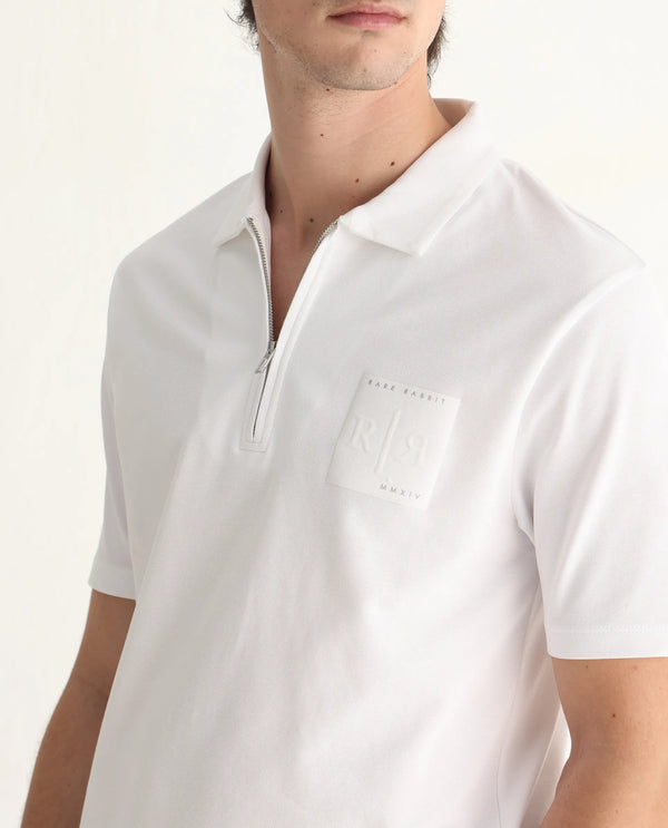 Rare Rabbit Men Berner White Cotton Lycra Fabric Short Sleeve Collared Neck Zipper Closure Graphic Print Polo