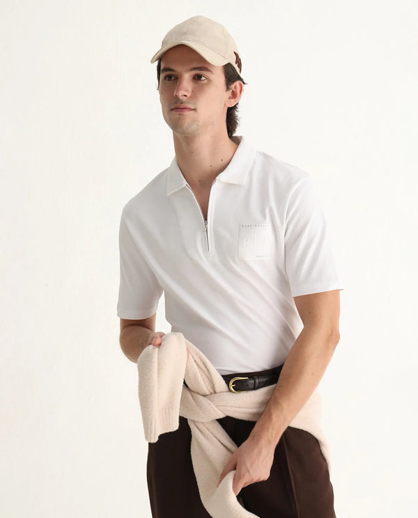 Rare Rabbit Men Berner White Cotton Lycra Fabric Short Sleeve Collared Neck Zipper Closure Graphic Print Polo