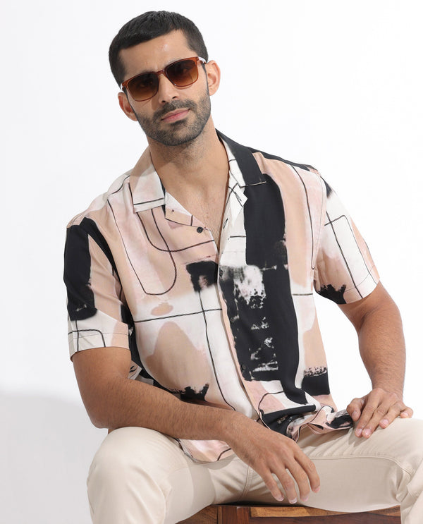 Rare Rabbit Men's Bexley Beige Viscose Fabric Cuban Collar Abstract Print Half Sleeves Shirt