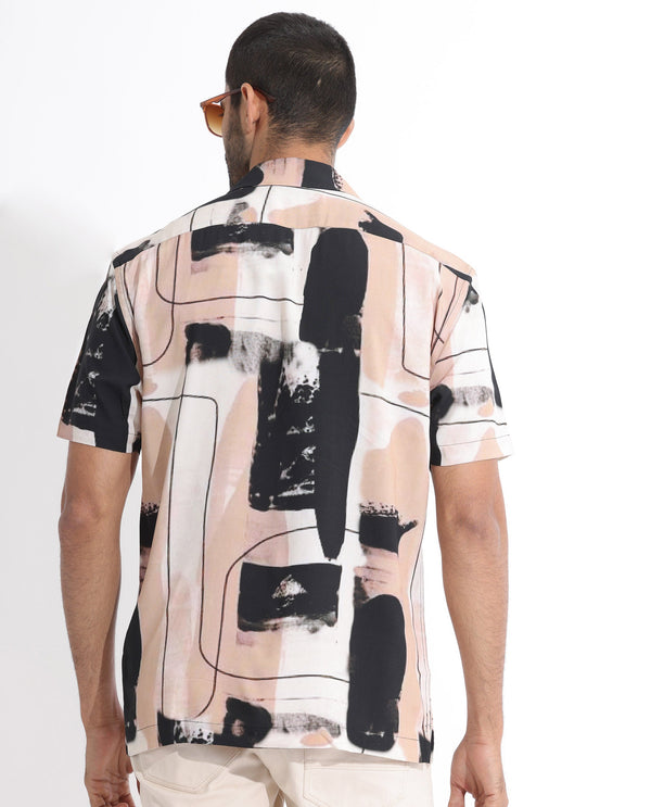 Rare Rabbit Men's Bexley Beige Viscose Fabric Cuban Collar Abstract Print Half Sleeves Shirt