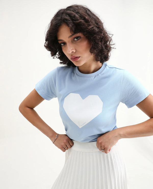 Rareism Women Bhax Light Blue Cotton Lycra Fabric Short Sleeve Crew Neck Typography T-Shirt