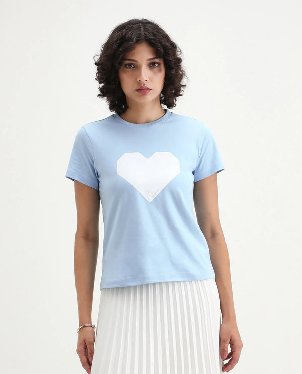Rareism Women Bhax Light Blue Cotton Lycra Fabric Short Sleeve Crew Neck Typography T-Shirt