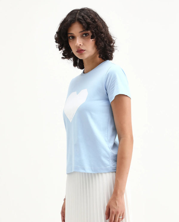 Rareism Women Bhax Light Blue Cotton Lycra Fabric Short Sleeve Crew Neck Typography T-Shirt