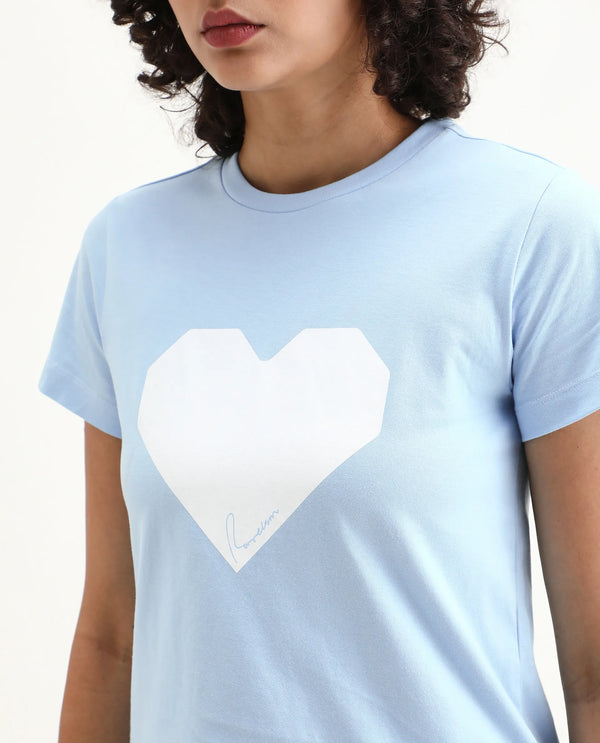 Rareism Women Bhax Light Blue Cotton Lycra Fabric Short Sleeve Crew Neck Typography T-Shirt