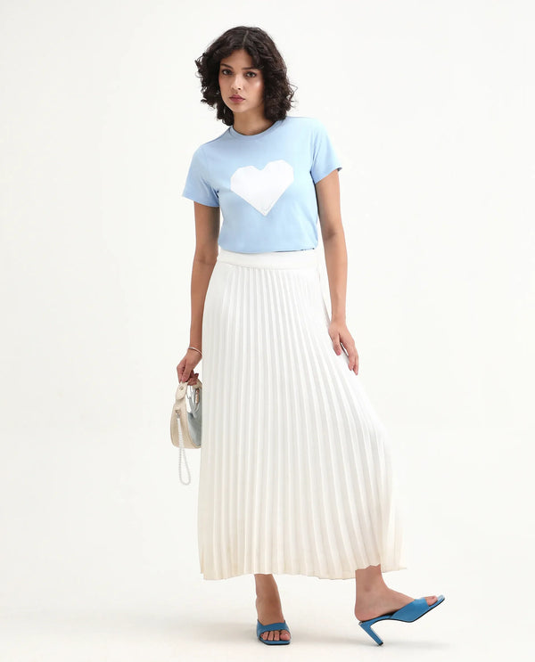 Rareism Women Bhax Light Blue Cotton Lycra Fabric Short Sleeve Crew Neck Typography T-Shirt