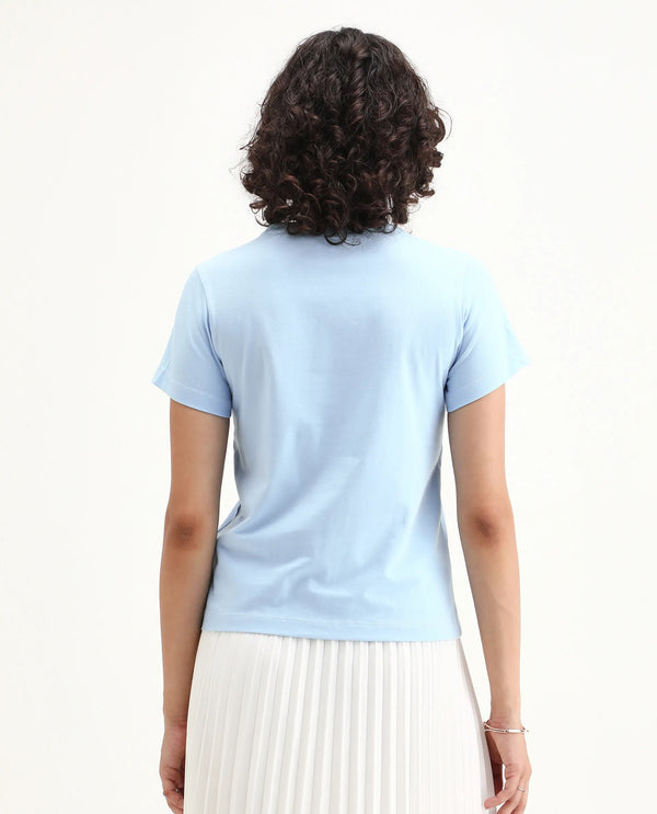 Rareism Women Bhax Light Blue Cotton Lycra Fabric Short Sleeve Crew Neck Typography T-Shirt