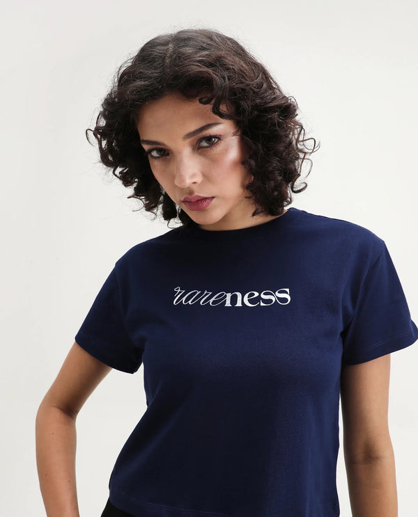 Rareism Women Bhaze Navy Cotton Lycra Fabric Short Sleeve Crew Neck Cropped Typography T-Shirt
