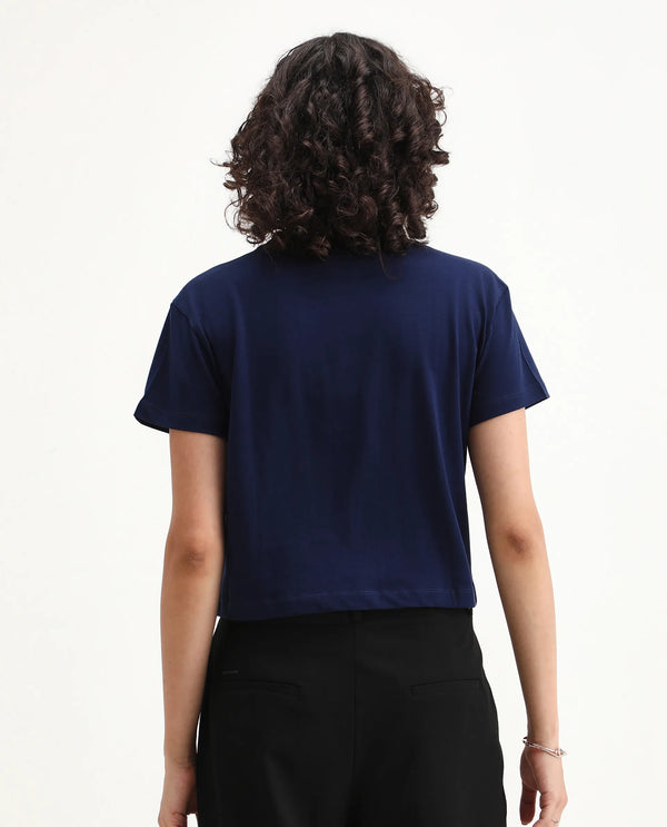 Rareism Women Bhaze Navy Cotton Lycra Fabric Short Sleeve Crew Neck Cropped Typography T-Shirt