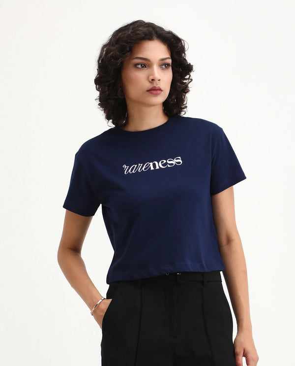 Rareism Women Bhaze Navy Cotton Lycra Fabric Short Sleeve Crew Neck Cropped Typography T-Shirt