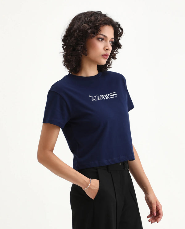 Rareism Women Bhaze Navy Cotton Lycra Fabric Short Sleeve Crew Neck Cropped Typography T-Shirt