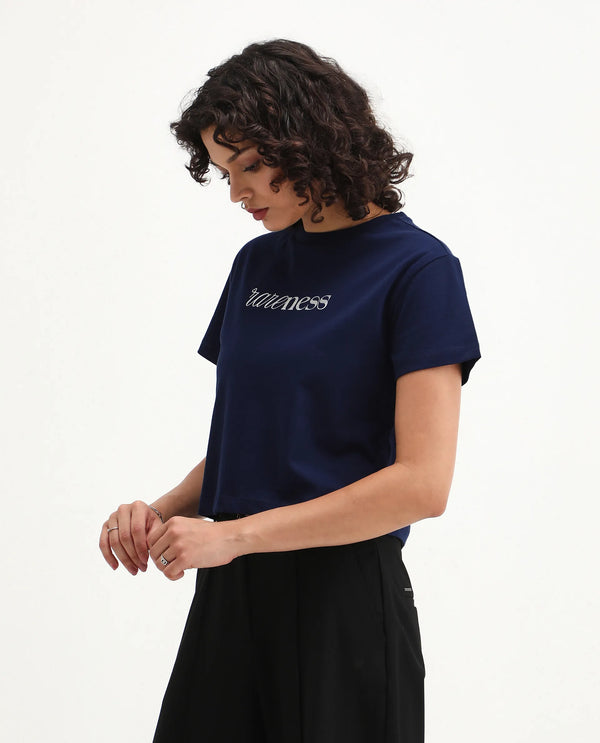 Rareism Women Bhaze Navy Cotton Lycra Fabric Short Sleeve Crew Neck Cropped Typography T-Shirt