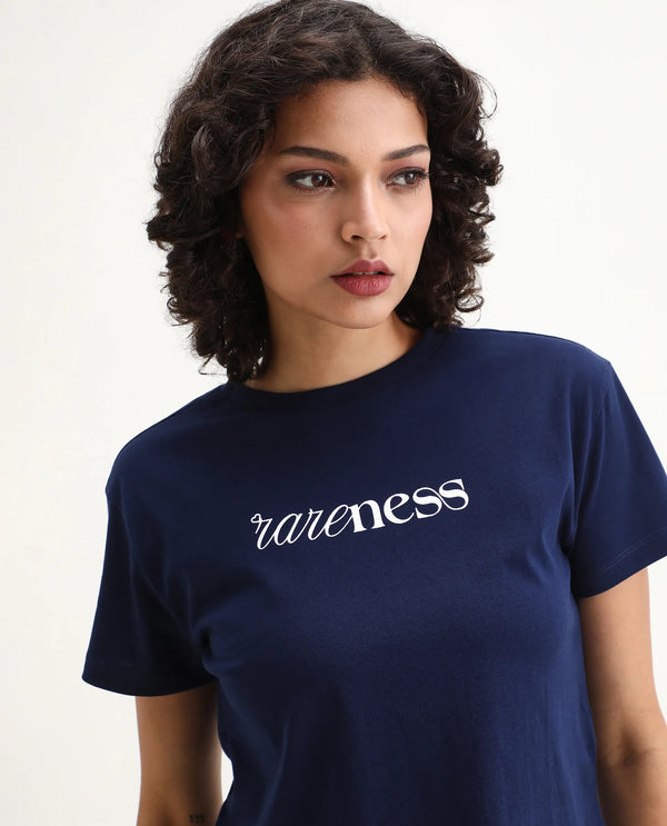 Rareism Women Bhaze Navy Cotton Lycra Fabric Short Sleeve Crew Neck Cropped Typography T-Shirt