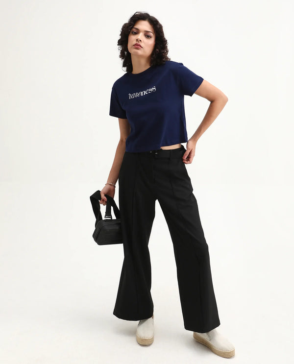 Rareism Women Bhaze Navy Cotton Lycra Fabric Short Sleeve Crew Neck Cropped Typography T-Shirt