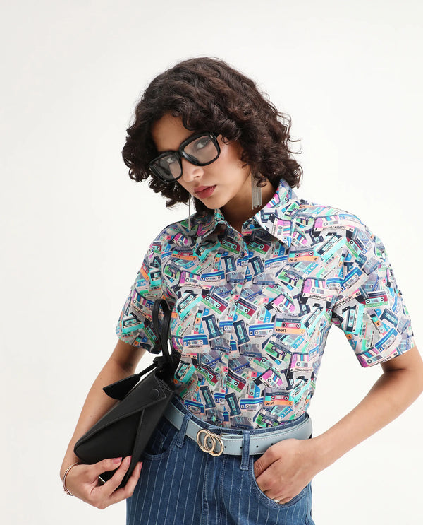 Rareism Women Bhx Multi Poplin Fabric Short Sleeve Collared Neck Button Closure Regular Fit Object Print Shirt