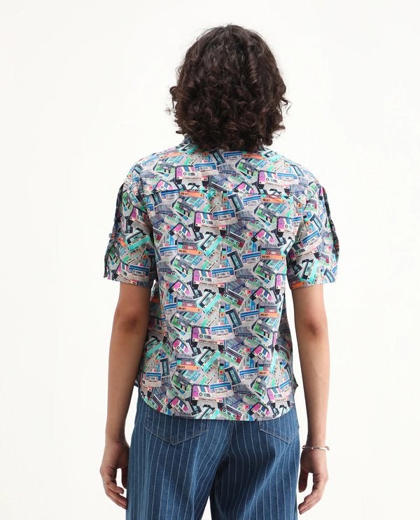 Rareism Women Bhx Multi Poplin Fabric Short Sleeve Collared Neck Button Closure Regular Fit Object Print Shirt