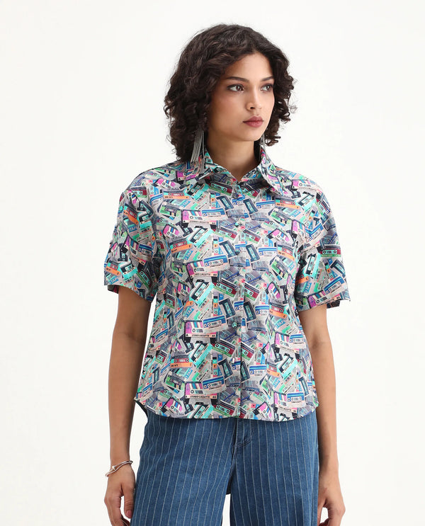 Rareism Women Bhx Multi Poplin Fabric Short Sleeve Collared Neck Button Closure Regular Fit Object Print Shirt