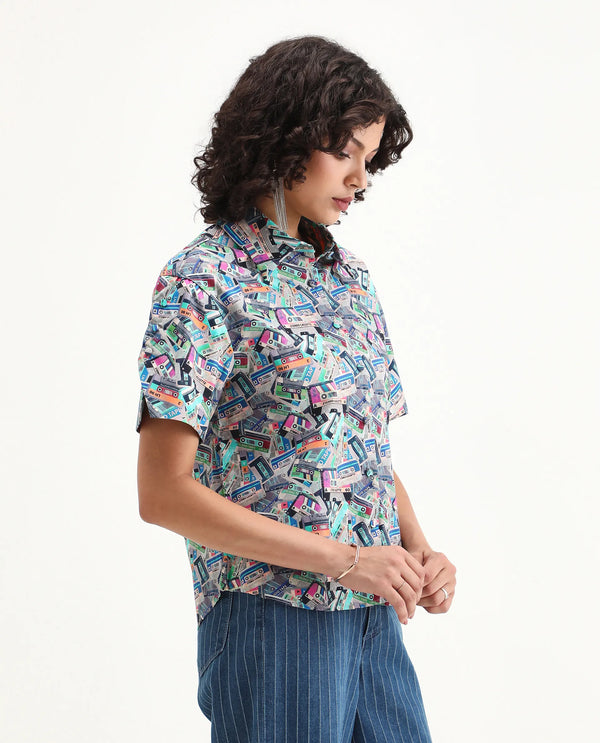 Rareism Women Bhx Multi Poplin Fabric Short Sleeve Collared Neck Button Closure Regular Fit Object Print Shirt