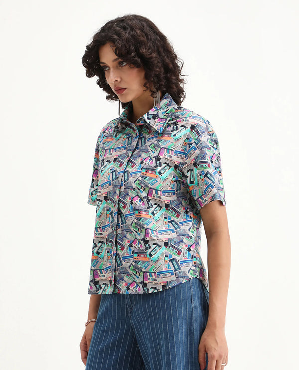 Rareism Women Bhx Multi Poplin Fabric Short Sleeve Collared Neck Button Closure Regular Fit Object Print Shirt