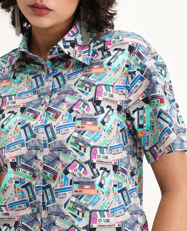 Rareism Women Bhx Multi Poplin Fabric Short Sleeve Collared Neck Button Closure Regular Fit Object Print Shirt