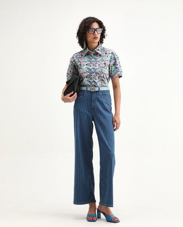 Rareism Women Bhx Multi Poplin Fabric Short Sleeve Collared Neck Button Closure Regular Fit Object Print Shirt