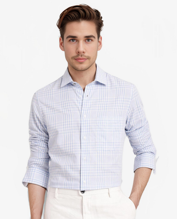 Rare Rabbit  Men's Bisk Light Blue Cotton Fabric Full Sleeve Regular Fit Checks Twill Shirt