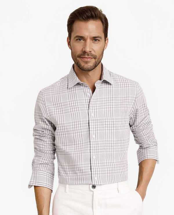 Rare Rabbit Men's Bisk Grey Cotton Fabric Full Sleeve Regular Fit Checks Twill Shirt