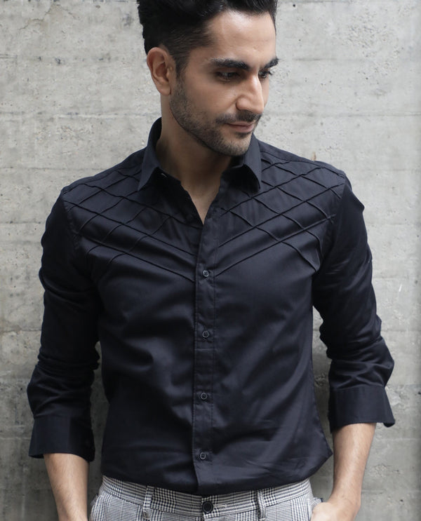 Rare Rabbit Men's Hero Black Cotton Fabric Full Sleeves Regular Fit Pleated Textured Shirt