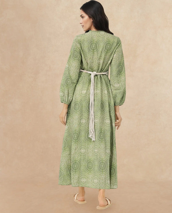Rareism Women Bledel Pastel Green Rayon Nylon Fabric Regular Sleeves V-Neck Abstract Print Longline Dress