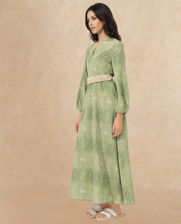 Rareism Women Bledel Pastel Green Rayon Nylon Fabric Regular Sleeves V-Neck Abstract Print Longline Dress