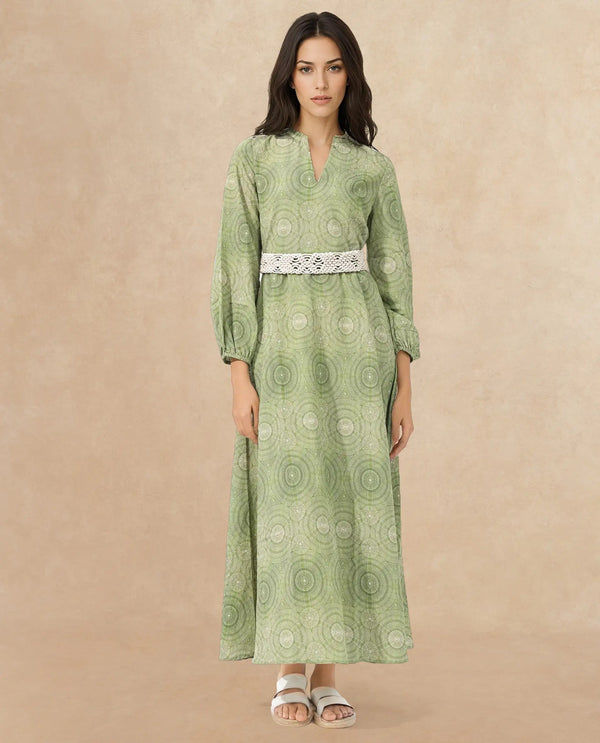 Rareism Women Bledel Pastel Green Rayon Nylon Fabric Regular Sleeves V-Neck Abstract Print Longline Dress