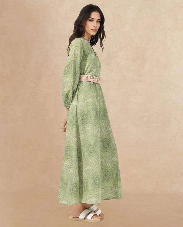 Rareism Women Bledel Pastel Green Rayon Nylon Fabric Regular Sleeves V-Neck Abstract Print Longline Dress